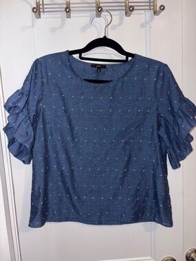 DREW Denim-Blue Ruffle Sleeve Dot Blouse